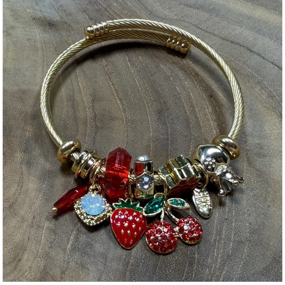 Gold Tone Fruit Charm Bangle Bracelet Strawberry Cherry Red‎ Crystal Adjustable